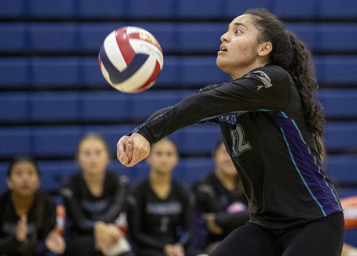 Silverado senior Suriah Roberts (12) competes during the high school volleyball game against Bi ...