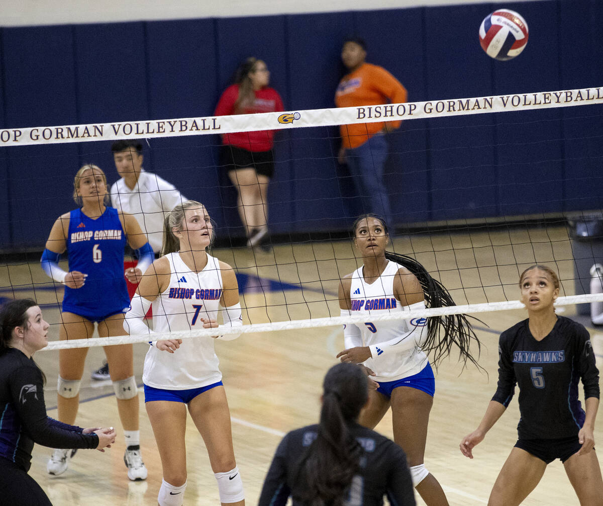 Bishop Gorman and Silverado players watch the ball during the high school volleyball game at Bi ...