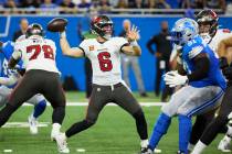 Tampa Bay Buccaneers quarterback Baker Mayfield (6) passes against the Detroit Lions during an ...