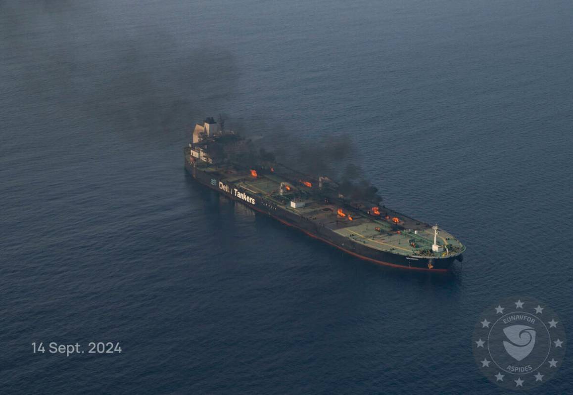 This photo released by the European Union's Operation Aspides naval force shows the oil tanker ...