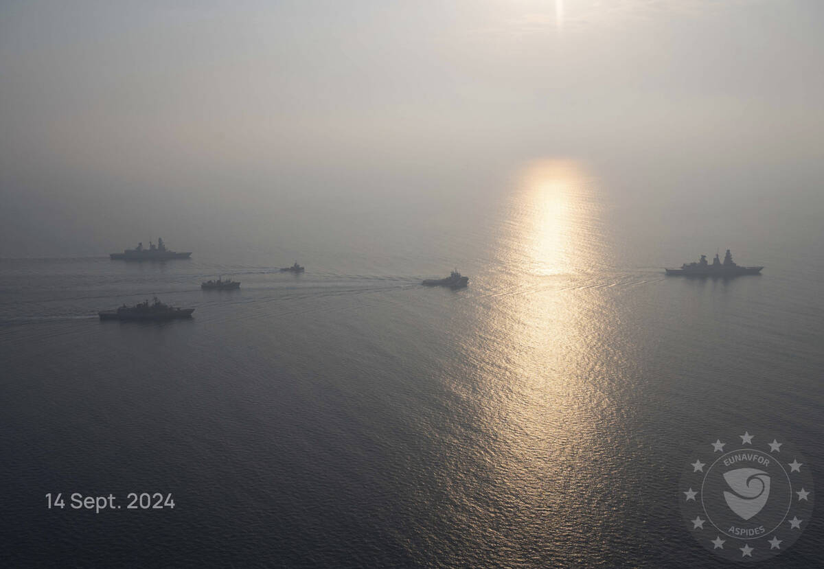 This photo released by the European Union’s Operation Aspides shows warships attached to ...