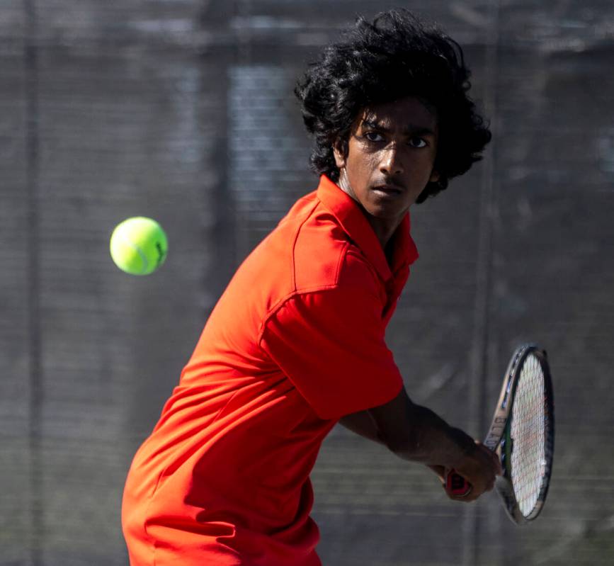 Coronado’s Ishann Shroff competes during the high school tennis matches against Basic at ...