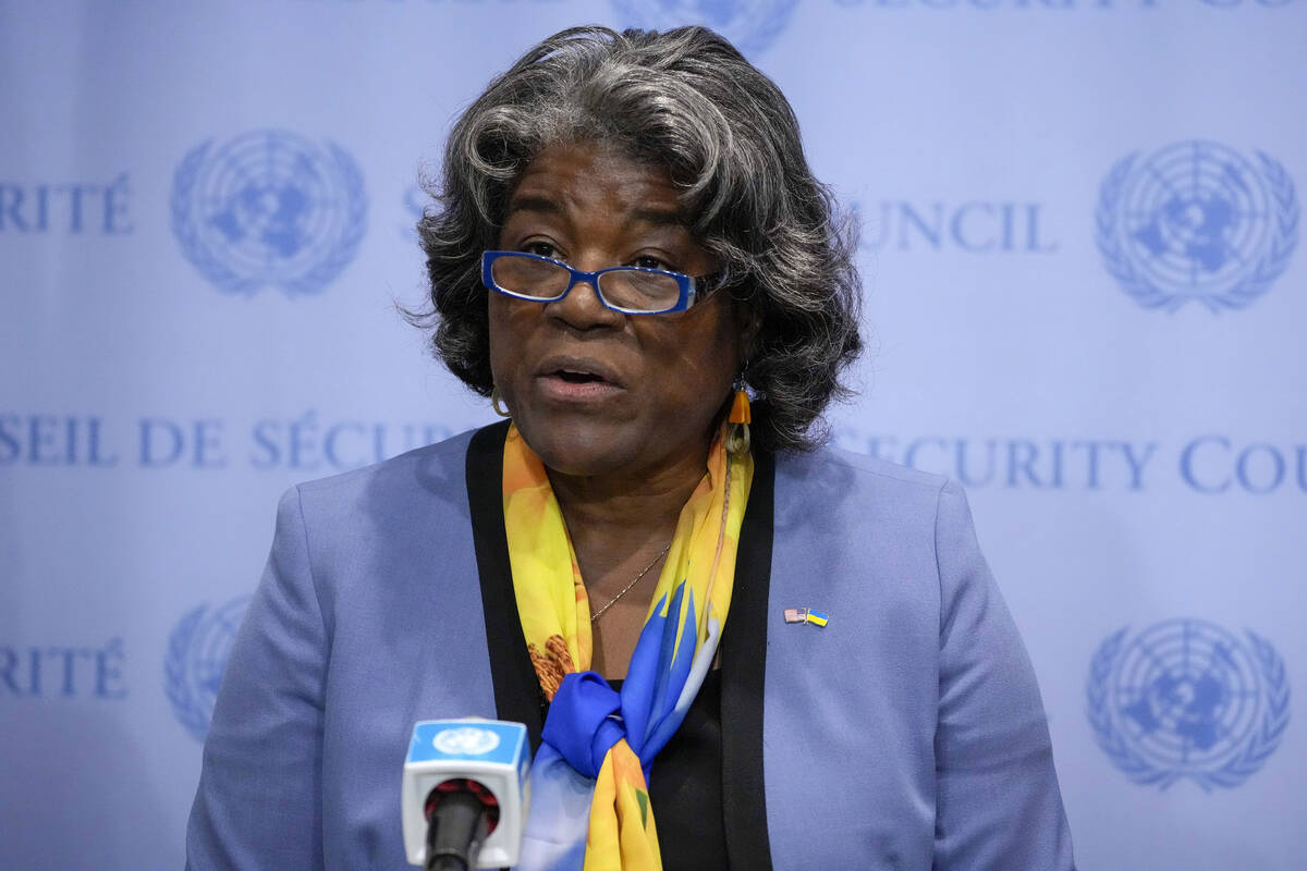 FILE - Linda Thomas-Greenfield, United States Ambassador to the United Nations, speaks after a ...