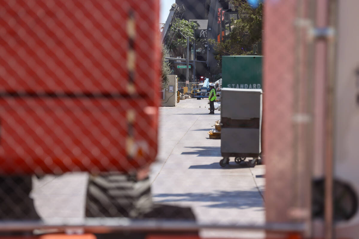 Tractors and equipment near the trees outside the Bellagio hotel-casino in Las Vegas, Tuesday, ...