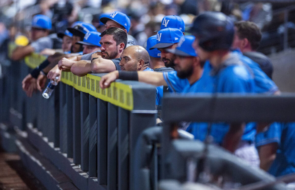 Aviators players watch the action for the dugout as they battle the El Paso Chihuahuas during t ...