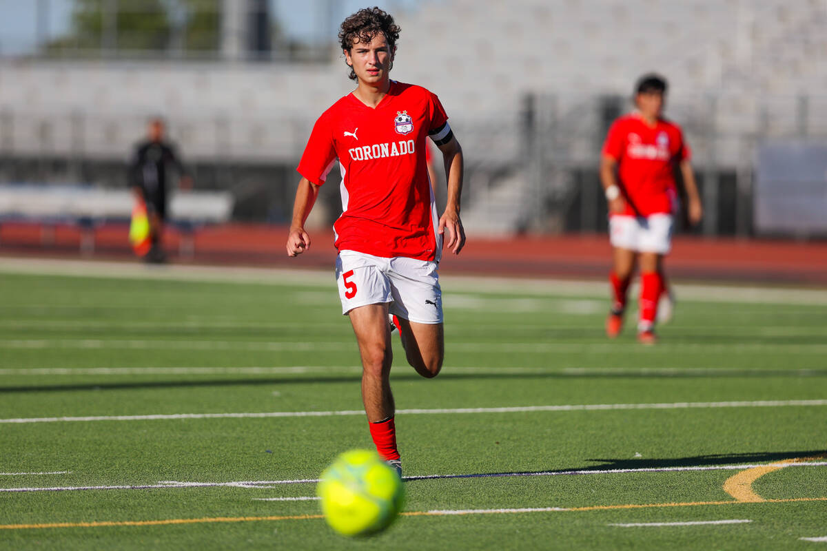 Coronado defender Connor Morgenthal chases the ball during a soccer game between Coronado and P ...