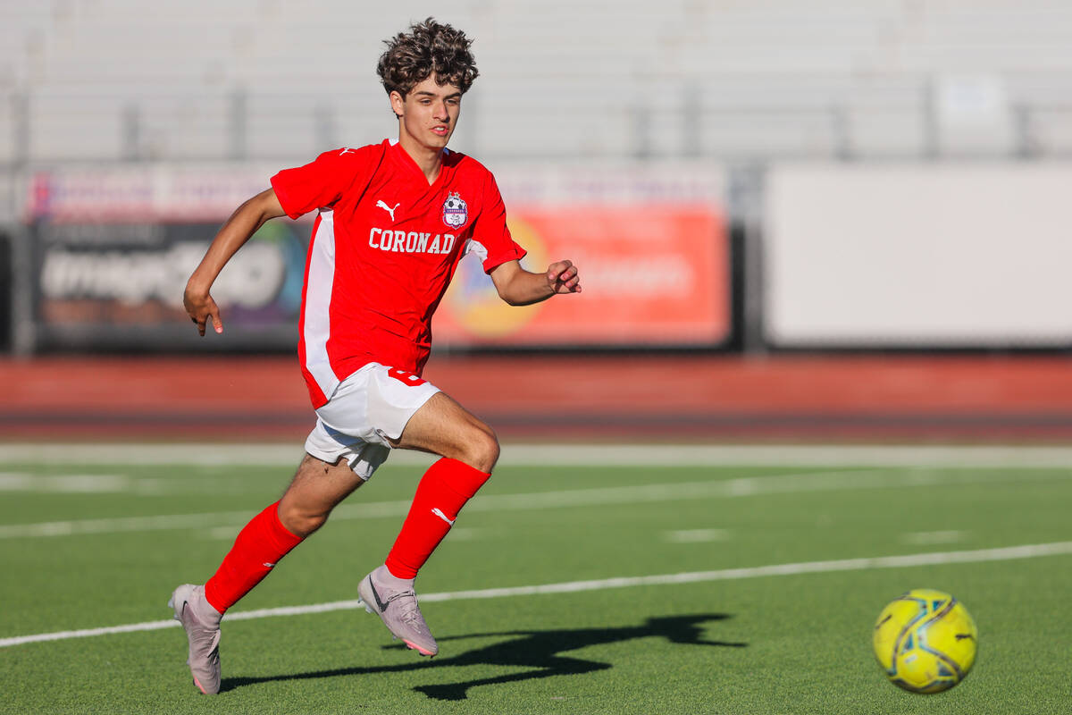 Coronado midfielder Dalton Meusy (6) runs after the ball during a soccer game between Coronado ...