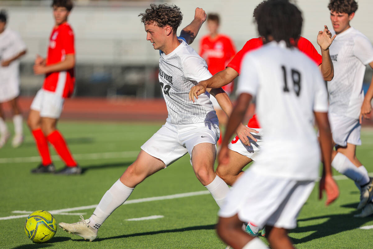 Palo Verde defender Benjamin Legrand (23) kicks the ball during a soccer game between Coronado ...