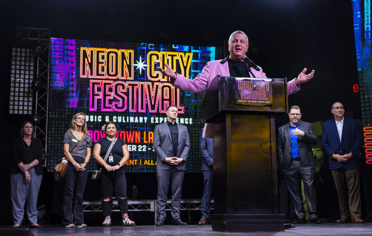 Casino owner Derek Stevens speaks before the first announcement of performers for the new Neon ...