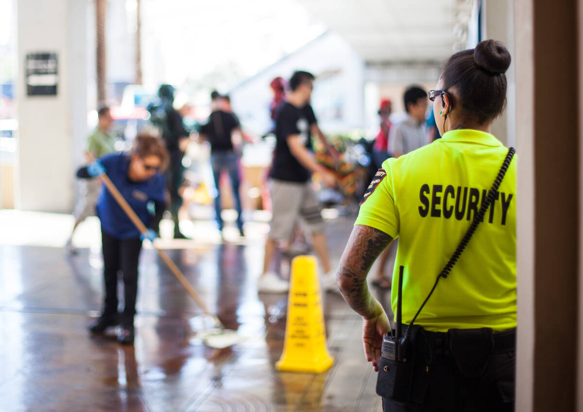 A security guard stands outside of the MGM Grand in Las Vegas on Monday, March 23, 2015. (Chase ...