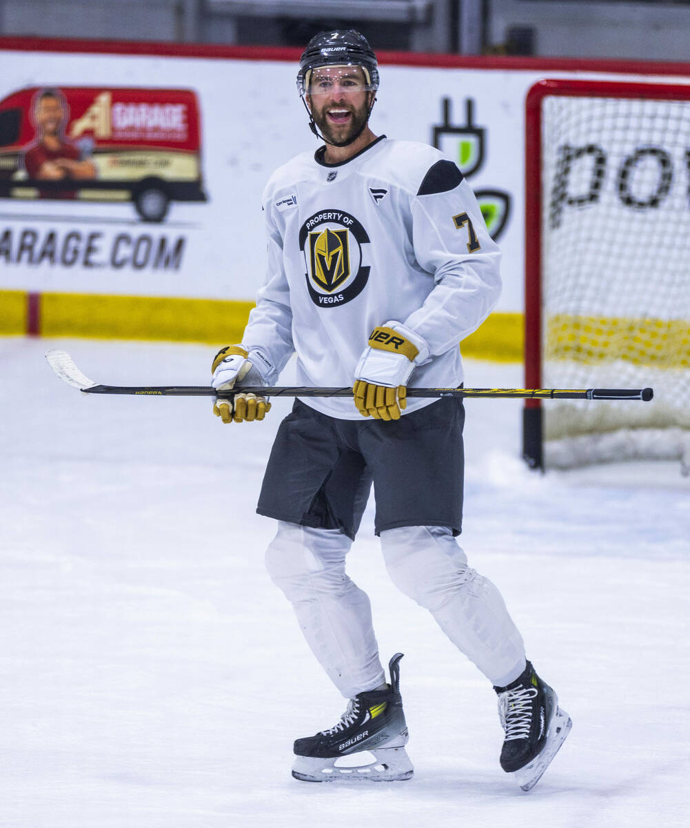 Golden Knights defenseman Alex Pietrangelo (7) laughs at teammates during the first day of trai ...