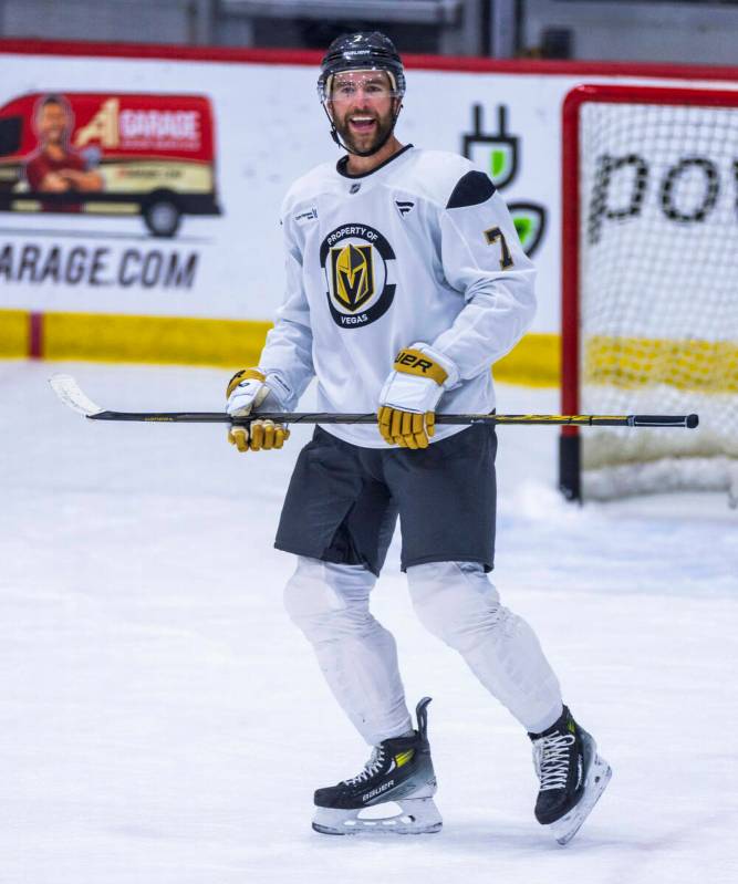 Golden Knights defenseman Alex Pietrangelo (7) laughs at teammates during the first day of trai ...