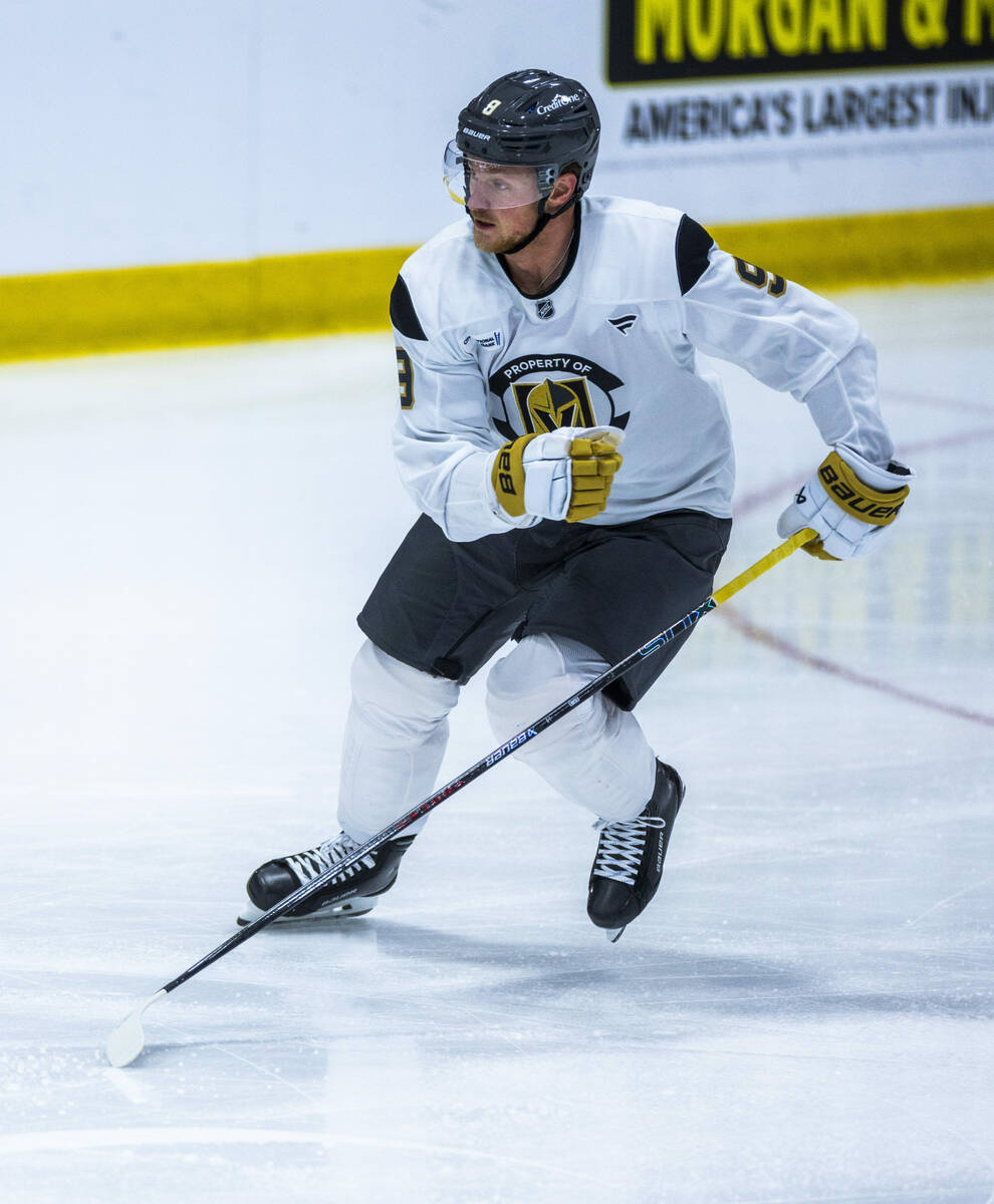 Golden Knights center Jack Eichel (9) looks for a pass during the first day of training camp at ...