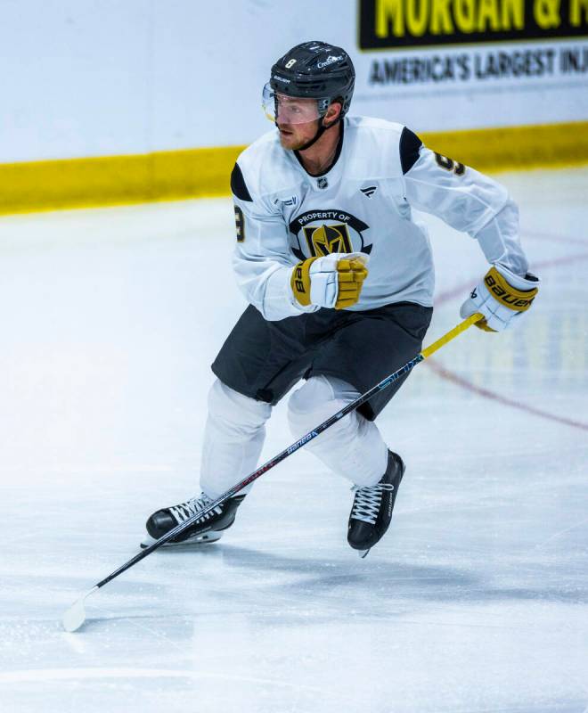 Golden Knights center Jack Eichel (9) looks for a pass during the first day of training camp at ...