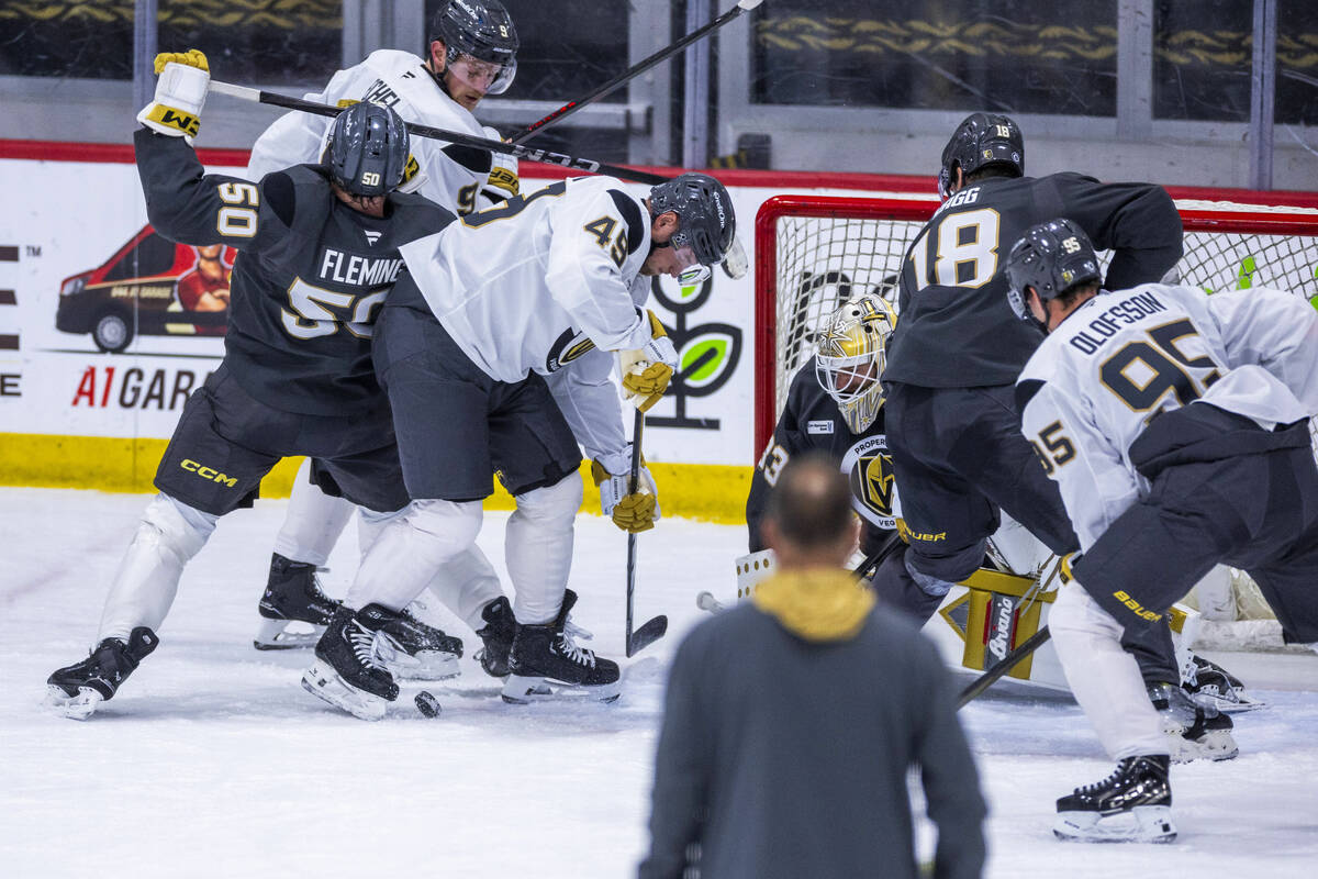 Golden Knights center Ivan Barbashev (49) battles for the puck against defenseman Joe Flemming ...