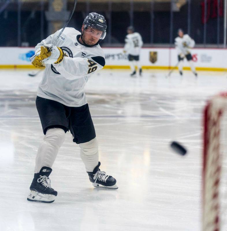 Golden Knights center Ivan Barbashev (49) takes a shot on goal during the first day of training ...