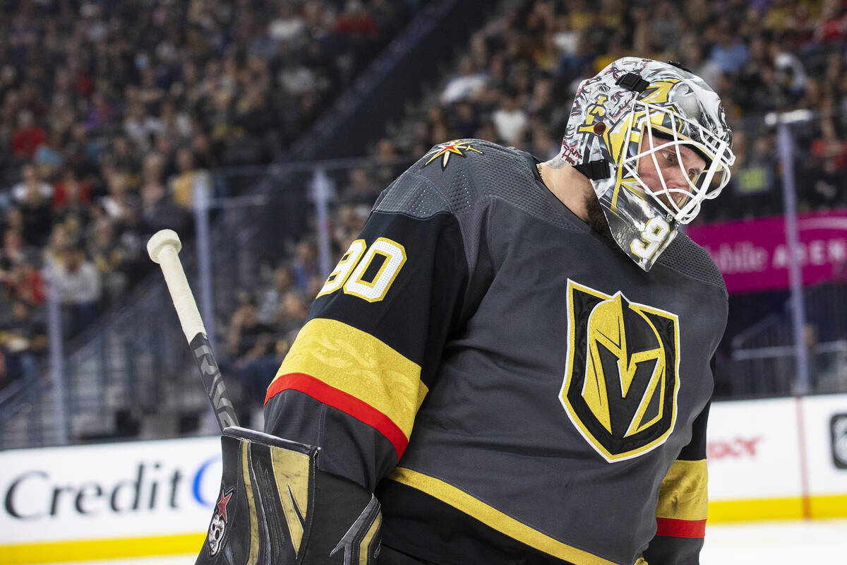 Golden Knights goaltender Robin Lehner (90) circles the net in the second period during an NHL ...