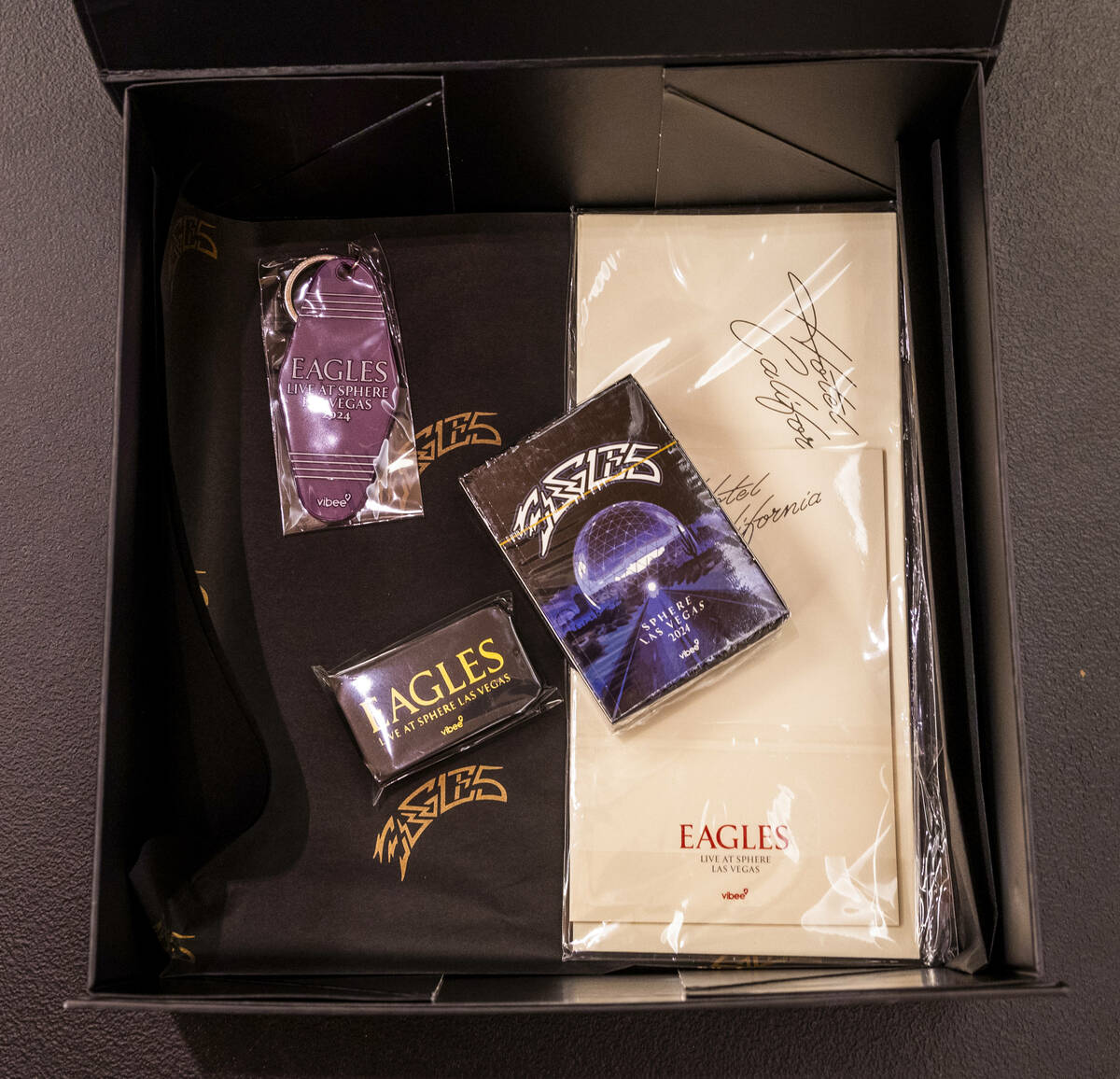 Items in the gift boxes given to Vibees attending the Eagles exclusive fan experience Third Enc ...