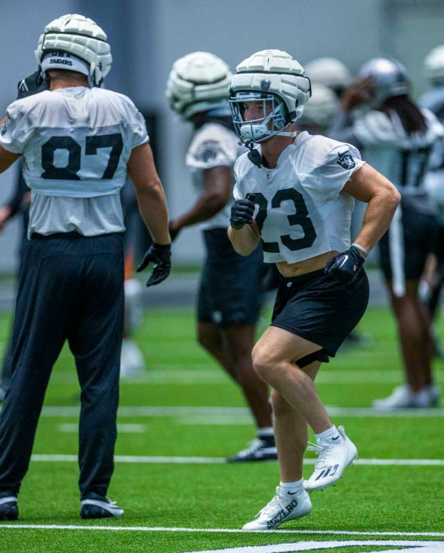 Raiders running back Dylan Laube (23) warms up during practice at the Intermountain Health Perf ...