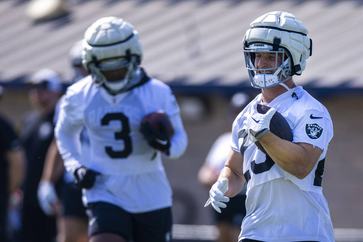 Raiders running back Dylan Laube (23) runs the ball during the first day of Raiders training ca ...