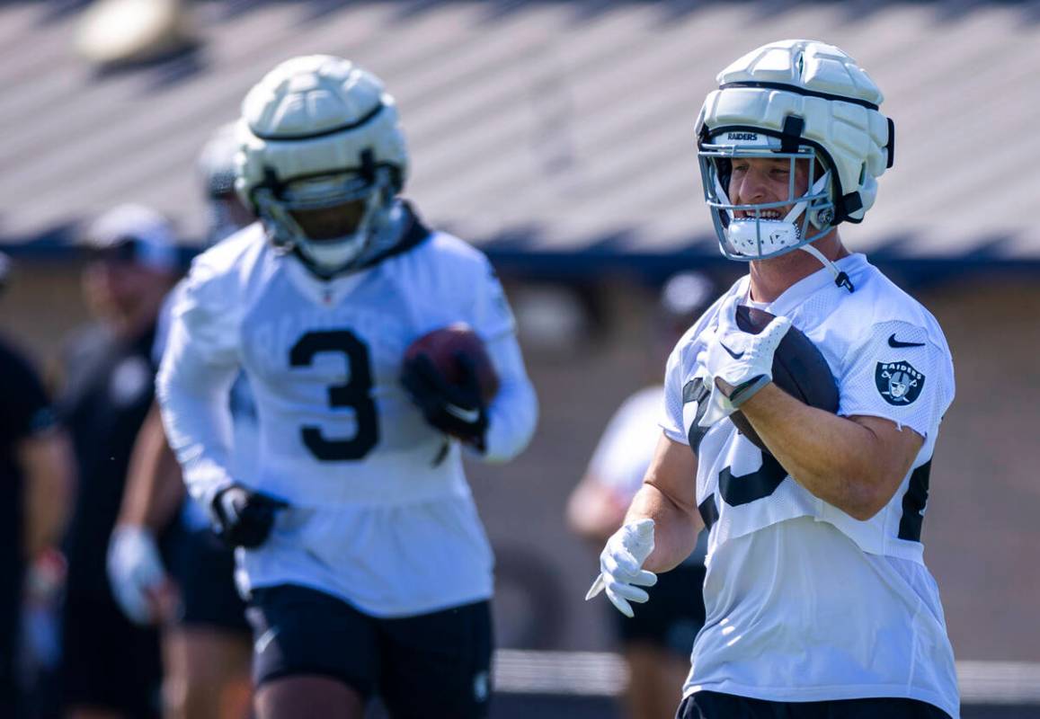 Raiders running back Dylan Laube (23) runs the ball during the first day of Raiders training ca ...