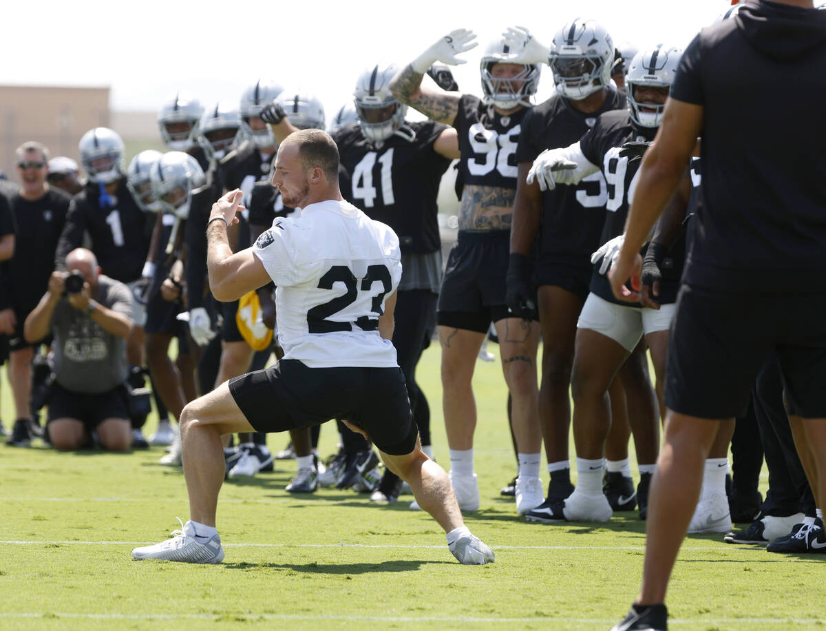 Raiders running back Dylan Laube (23) performs before practice at the Intermountain Health Perf ...