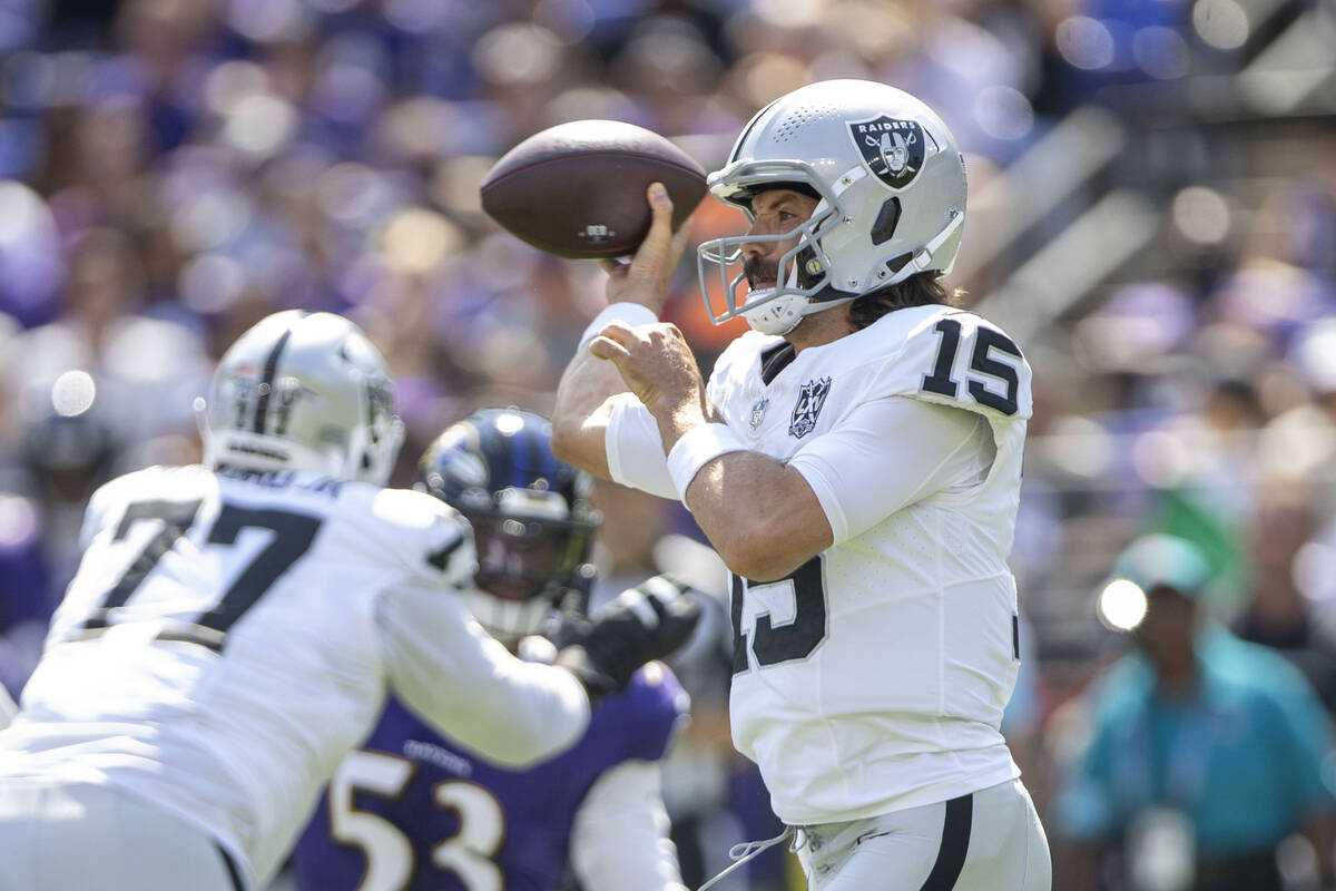 Raiders quarterback Gardner Minshew (15) prepares to throw during the first half of an NFL game ...