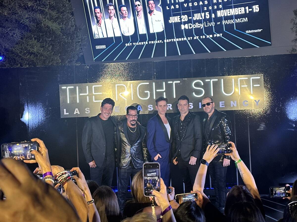 New Kids on the Block are shown at The Park outside Park MGM and T-Mobile Arena after announcin ...