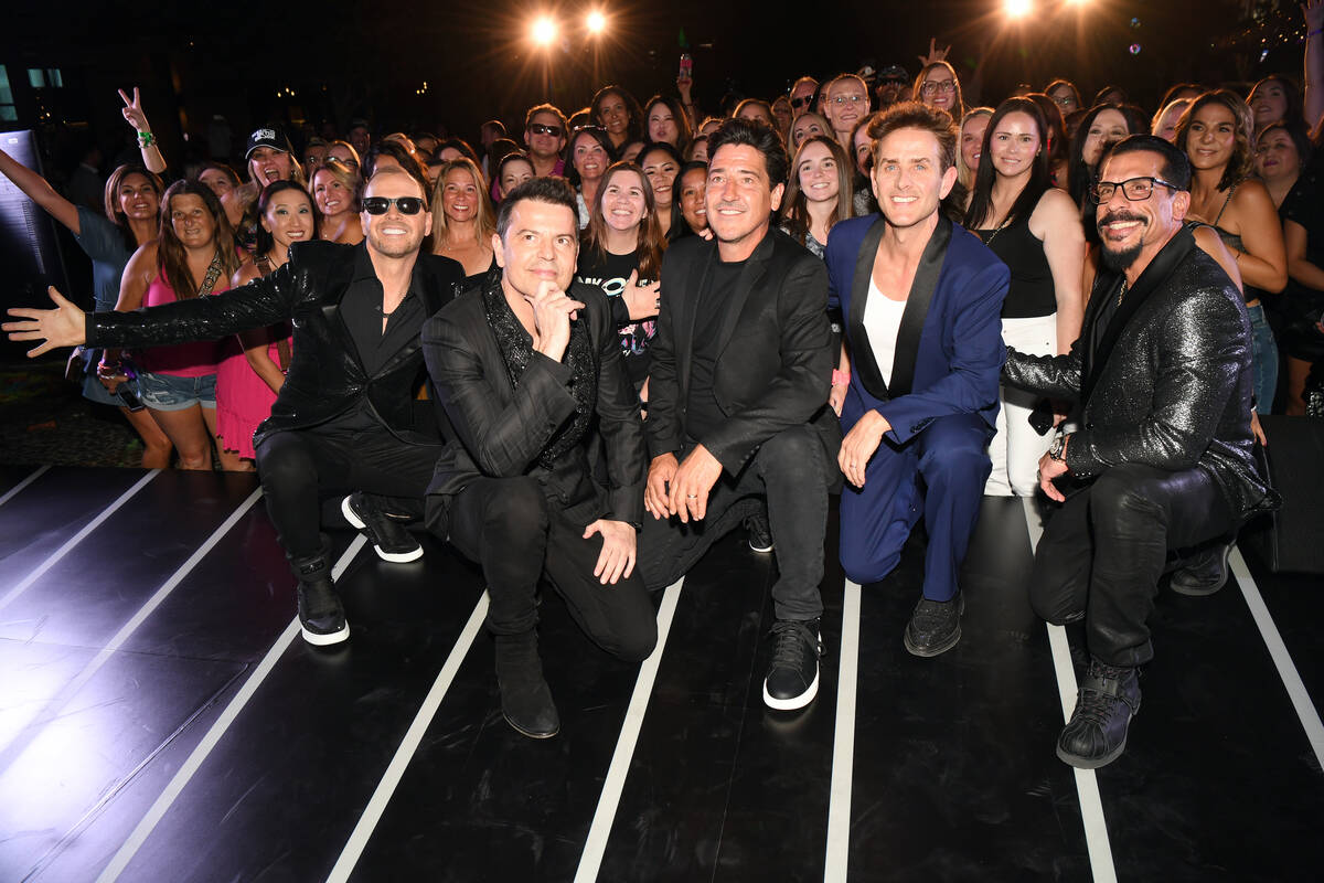 New Kids on the Block are shown at The Park outside Park MGM and T-Mobile Arena after announcin ...