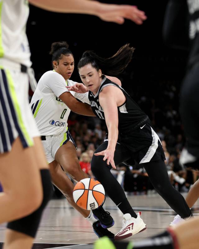 Las Vegas Aces center Megan Gustafson (17) drives toward the hoop against Dallas Wings forward ...