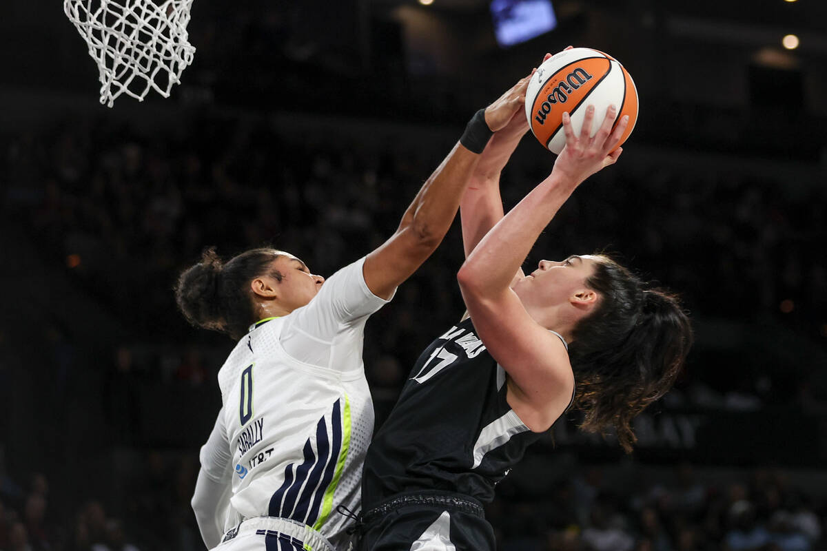 Las Vegas Aces center Megan Gustafson (17) shoots and is fouled by Dallas Wings forward Satou S ...