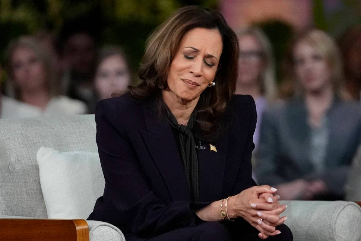 Democratic presidential nominee Vice President Kamala Harris listens to a parent's survivor sto ...