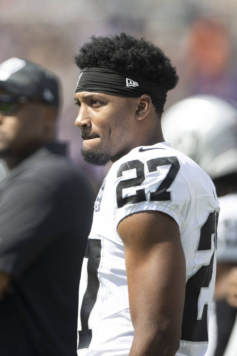 Raiders cornerback Sam Webb (27) on the sideline before an NFL game against the Baltimore Raven ...