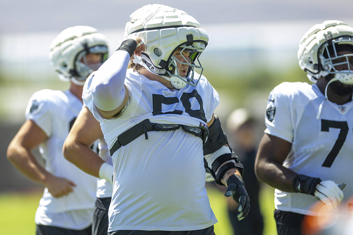 Raiders guard Jackson Powers-Johnson (58) readies for a drill during practice at the Intermount ...