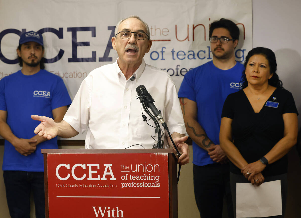 Clark County Education Association Executive Director John Vellardita speaks during a press con ...