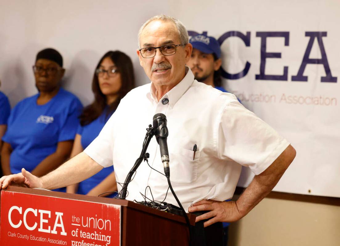 Clark County Education Association Executive Director John Vellardita speaks during a press con ...