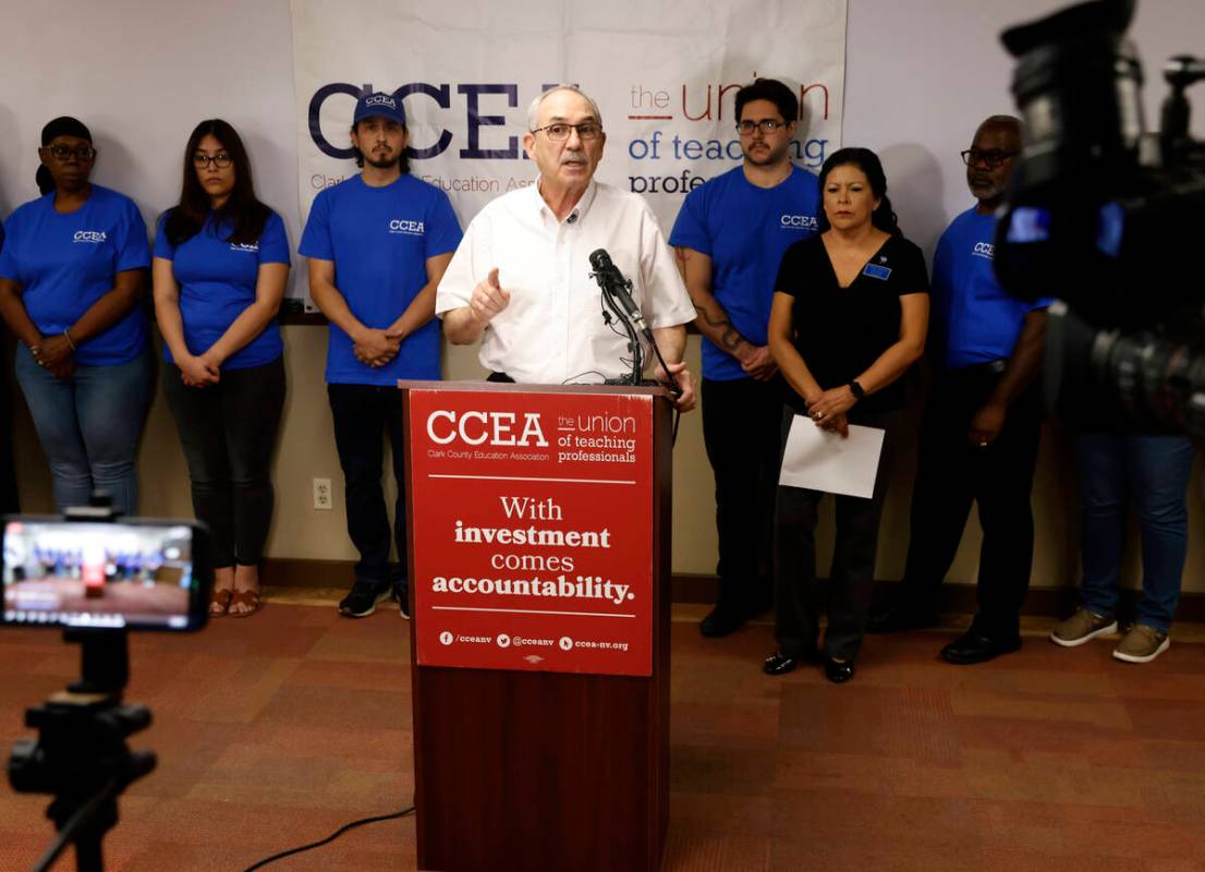 Clark County Education Association Executive Director John Vellardita speaks during a press con ...