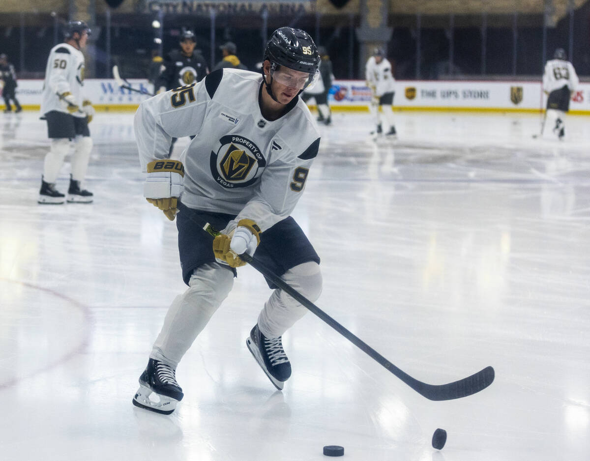 Golden Knights forward Victor Olofsson (95) takes a shot on goal during the first day of traini ...