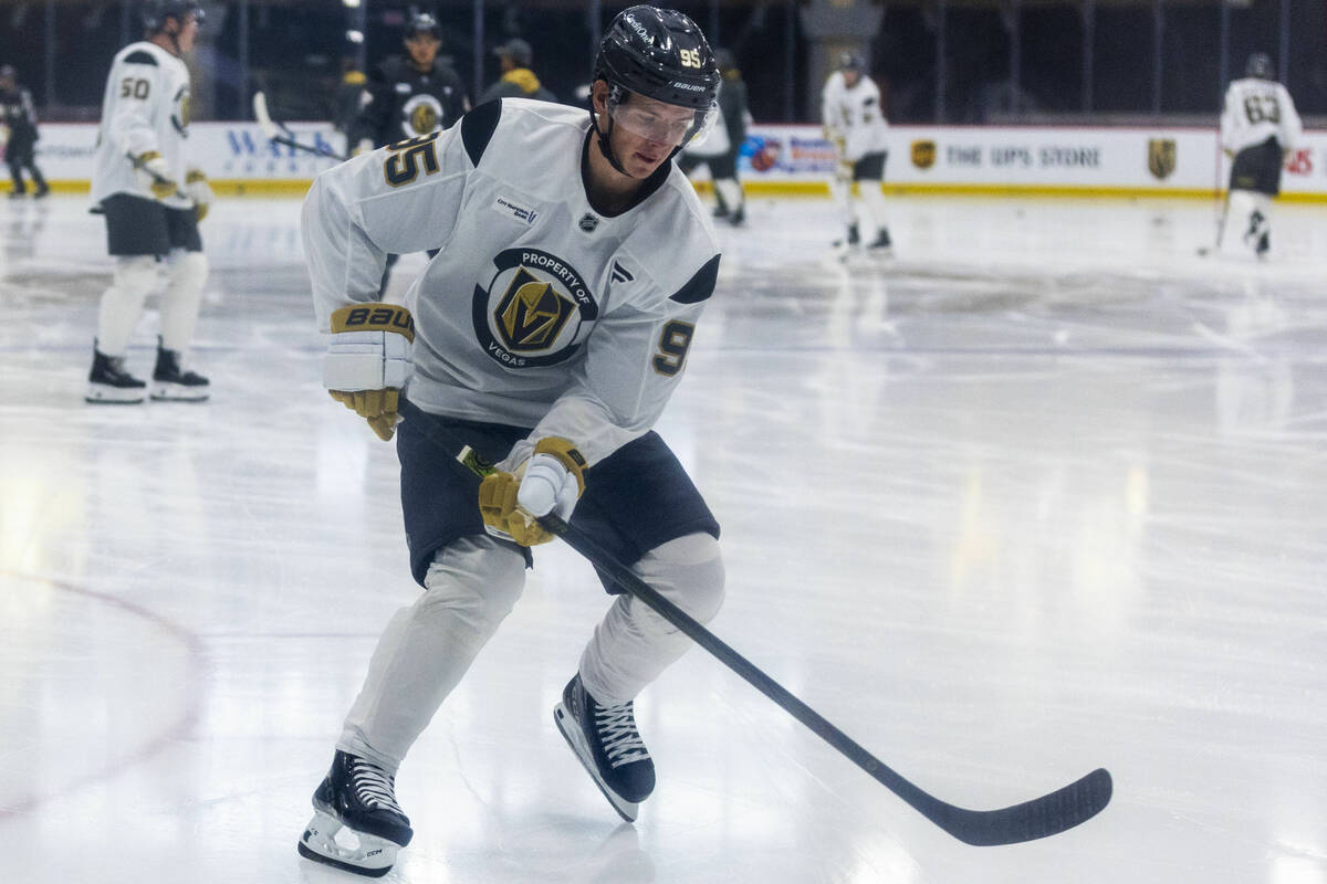 Golden Knights forward Victor Olofsson (95) takes a shot on goal during the first day of traini ...