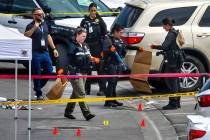 Metro Crime Scene personnel place a bat into an evidence bag while collecting evidence near the ...