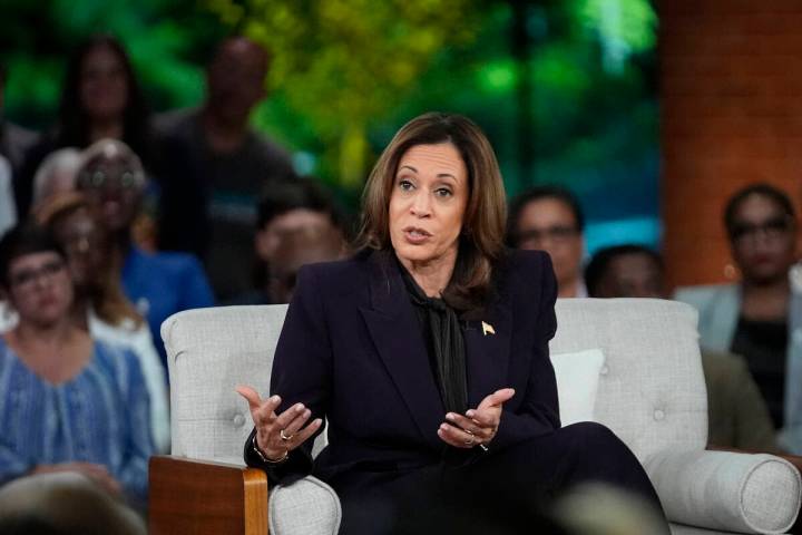 Democratic presidential nominee Vice President Kamala Harris answers an audience member's quest ...