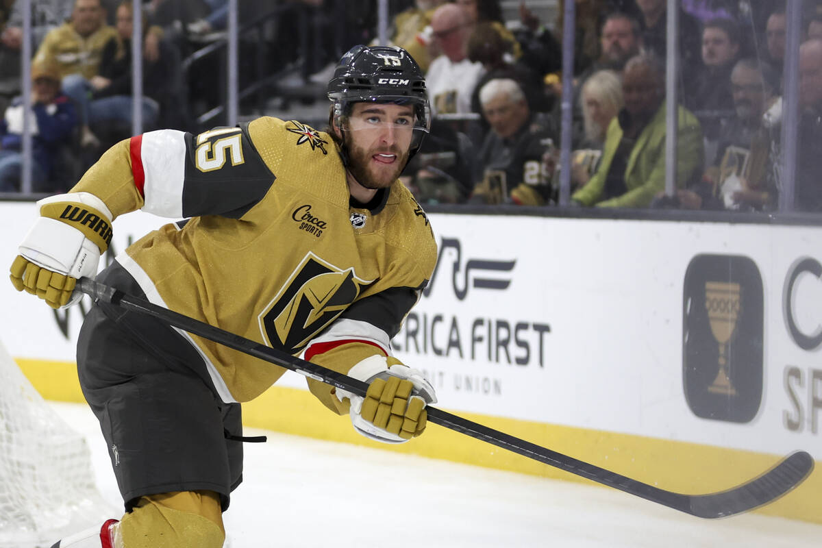 Golden Knights defenseman Noah Hanifin (15) anticipates the puck during the second period of an ...