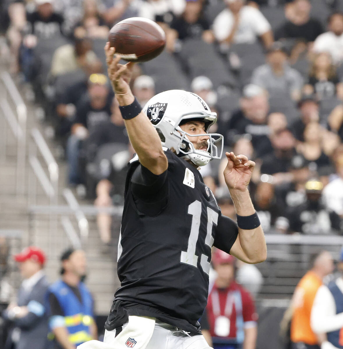 Raiders quarterback Gardner Minshew (15) throws the ball against Carolina Panthers during the s ...