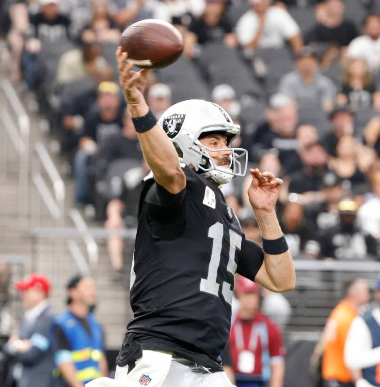 Raiders quarterback Gardner Minshew (15) throws the ball against Carolina Panthers during the s ...