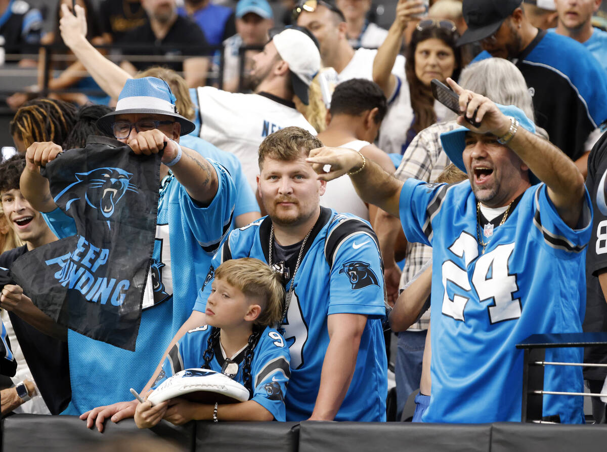 Carolina Panthers fans cheer for their team during an NFL football game against Raiders at Alle ...