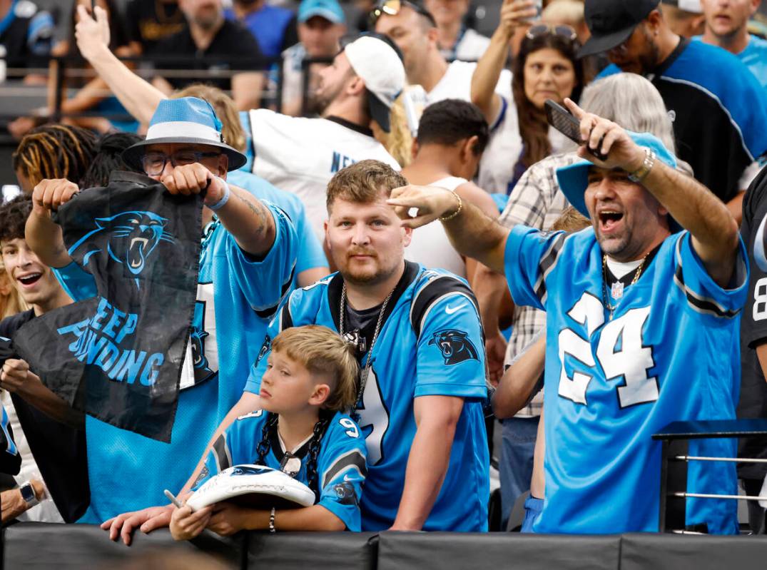 Carolina Panthers fans cheer for their team during an NFL football game against Raiders at Alle ...