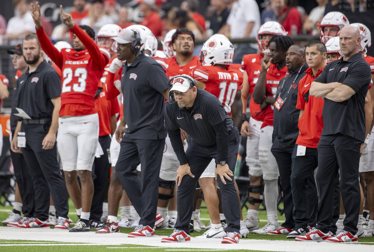 UNLV head coach Barry Odom watches the play during the college football game against Utah Tech ...