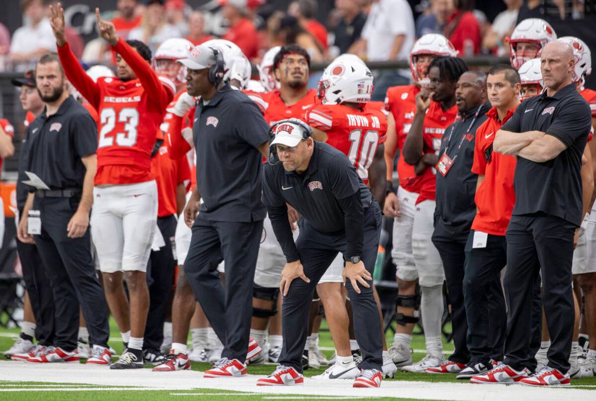 UNLV head coach Barry Odom watches the play during the college football game against Utah Tech ...