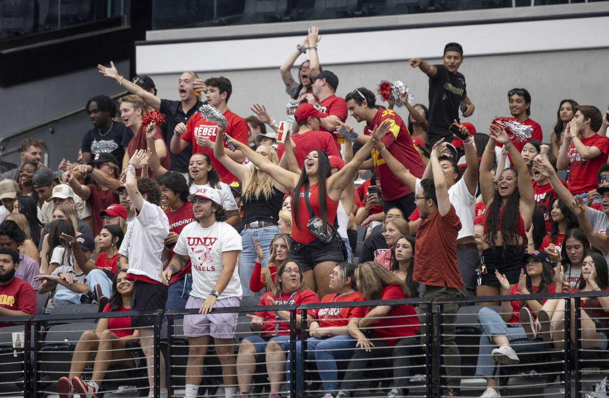 UNLV fans celebrate after Utah Tech misses a field goal during the college football game at All ...