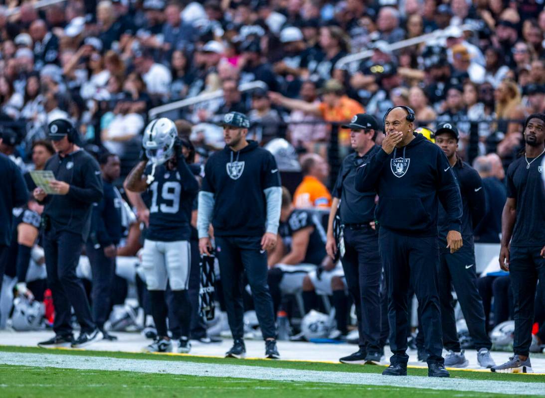 Raiders Head Coach Antonio Pierce is a bit concerned on the sidelines against the Carolina Pant ...